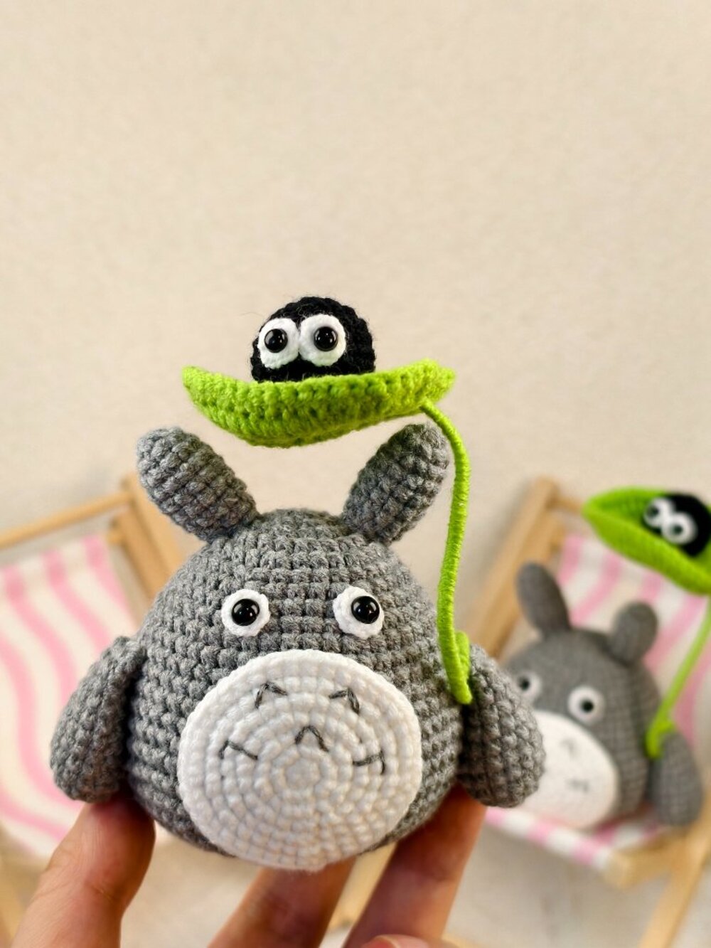 Handmade Amigurumi Crochet Totoro Holding Soot Sprites on a Lotus Leaf Plushie